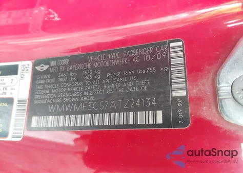 2010 Mini Cooper z USA, uszkodzony, nr VIN WMWMF3C57ATZ24134